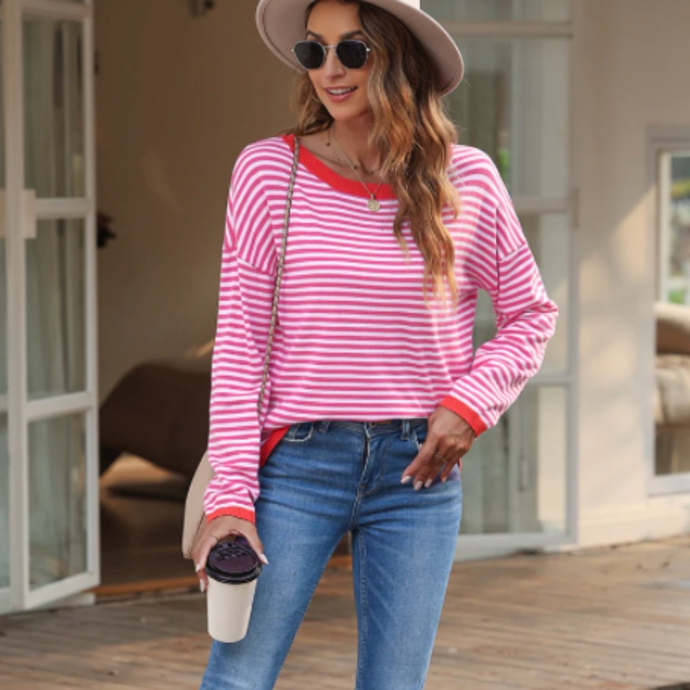 Pink Striped Drop Shoulder Sweater